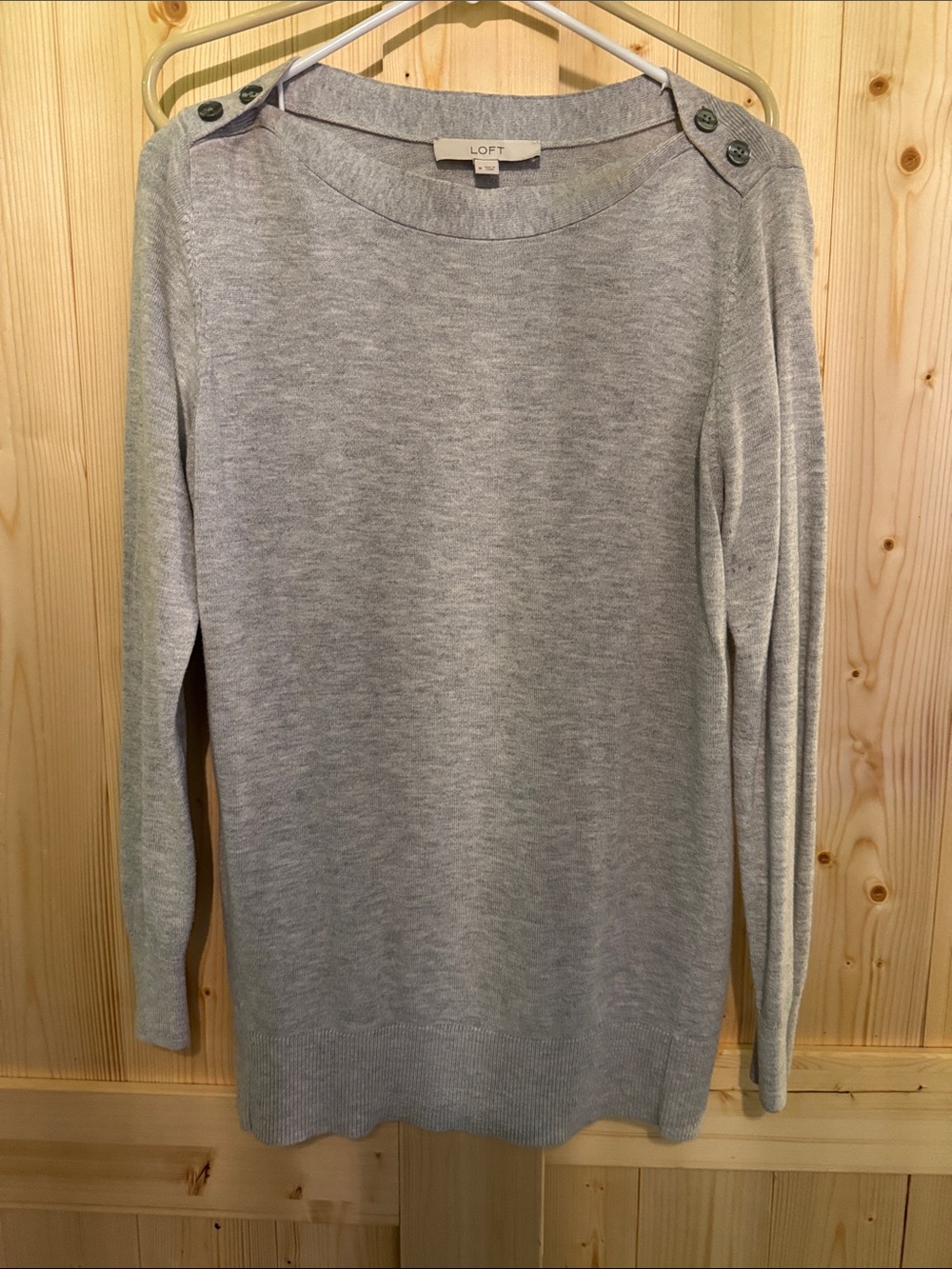 LOFT Light Gray Crewneck Sweater with Shoulder Buttons